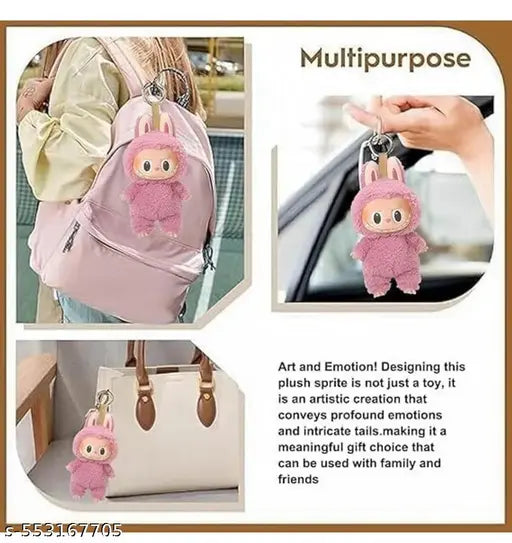Pink plush keychain with a cute design attached to bags and car visor, labeled 'Multipurpose'.